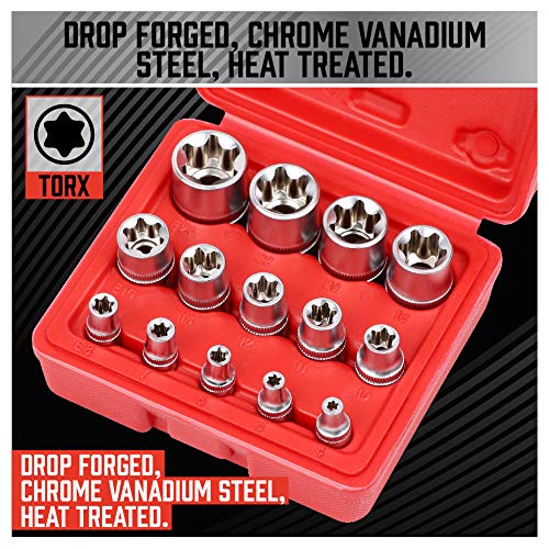 SEDY 14-Pieces Female E-TORX Star Socket Set with Red Case, 1/4″ 3/8″ 1/2″ Drive, Female External Star Socket Set, E4 – E24 Torque Socket Set | The Storepaperoomates Retail Market - Fast Affordable Shopping