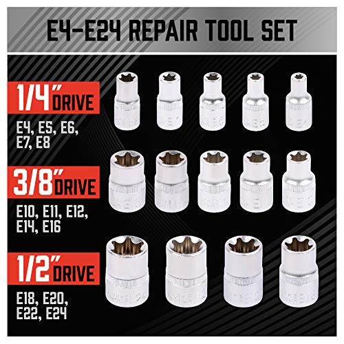 SEDY 14-Pieces Female E-TORX Star Socket Set with Red Case, 1/4″ 3/8″ 1/2″ Drive, Female External Star Socket Set, E4 – E24 Torque Socket Set | The Storepaperoomates Retail Market - Fast Affordable Shopping