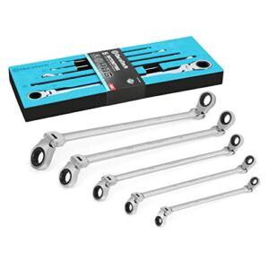 DURATECH Extra Long Flex-Head Double Box End Ratcheting Wrench Set, SAE, 5-Piece, 5/16″ to 13/16″, CR-V Steel, with EVA Foam Tool Organizer