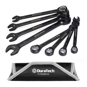 DURATECH Ratcheting Combination Wrench Set, 144-P, Double-Stacked Pawls, 8-Piece, SAE, 5/16” to 3/4”, CR-V Steel, Black Chrome Plated, with Organizer Pouch