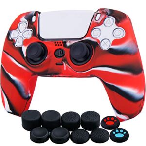 YoRHa Silicone Thickened Cover Skin Case for PS5 Dualsense Controller x 1(Camouflage Red) with Thumb Grips x 10