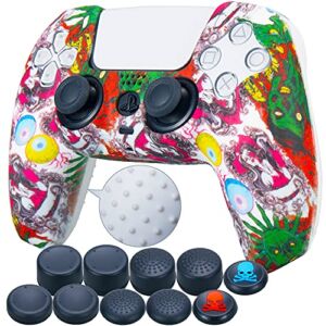 9CDeer 1 Piece of Silicone Transfer Print Protective Cover Skin + 10 Thumb Grips for Playstation 5 / PS5 / Dualsense Controller Zombie