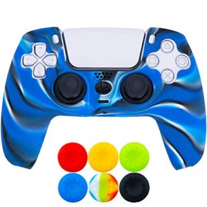 9CDeer 1 Piece of Silicone Protective Thick Cover Skin + 6 Thumb Grips for Playstation 5 / PS5 / Dualsense Controller Camouflage Blue