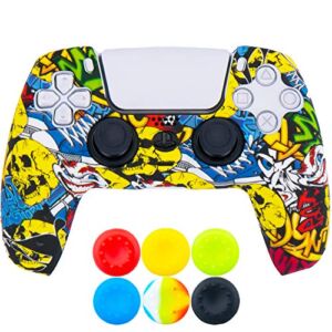 9CDeer 1 Piece of Silicone Transfer Print Protective Thick Cover Skin + 6 Thumb Grips for Playstation 5 / PS5 / Dualsense Controller Cartoon Skulls