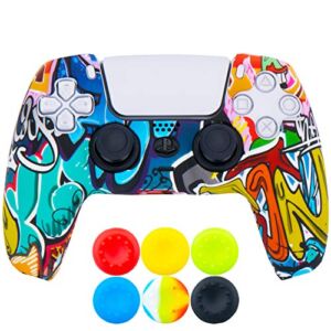 9CDeer 1 Piece of Silicone Transfer Print Protective Thick Cover Skin + 6 Thumb Grips for Playstation 5 / PS5 / Dualsense Controller Cartoon Paints