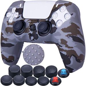 9CDeer 1 Piece of Silicone Transfer Print Protective Cover Skin + 10 Thumb Grips for Playstation 5 / PS5 / Dualsense Controller Camougrey
