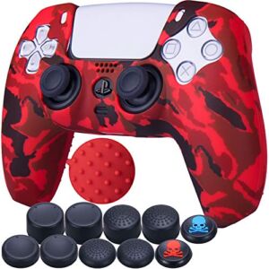 9CDeer 1 Piece of Silicone Transfer Print Protective Cover Skin + 10 Thumb Grips for Playstation 5 / PS5 / Dualsense Controller Paint red