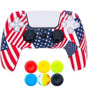 9CDeer 1 Piece of Silicone Transfer Print Protective Thick Cover Skin + 6 Thumb Grips for Playstation 5 / PS5 / Dualsense Controller American Flag