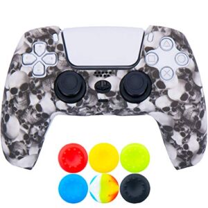9CDeer 1 Piece of Silicone Transfer Print Protective Thick Cover Skin + 6 Thumb Grips for Playstation 5 / PS5 / Dualsense Controller White Skulls