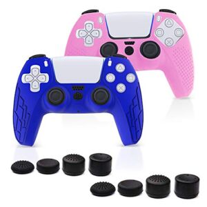 PS5 Silicone Controller Skin – Premium Controller Cover Grip Compatible with PS5 – Anti-Slip Silicone Cover Protectors with Thumb Grips –2pcs Different Texture + 8 Thumbs Controller Grips (Blue/Pink)…