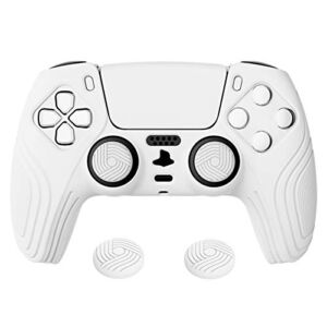 eXtremeRate PlayVital Samurai Edition White Anti-Slip Controller Grip Silicone Skin for PS5, Ergonomic Soft Rubber Protective Case for Playstation 5 Controller with White Thumb Stick Caps