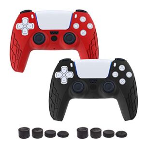 PS5 Controller Grip Cover, TGHJ Anti-Slip Ergonomic Silicone Skin Protective Cover Case for Playstation 5 DualSense Wireless Controller, 2 Pack with 8 Thumb Grips (Black/Red)