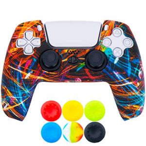 9CDeer 1 Piece of Silicone Transfer Print Protective Thick Cover Skin + 6 Thumb Grips for Playstation 5 / PS5 / Dualsense Controller Black Stream