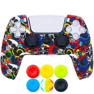 9CDeer 1 Piece of Silicone Transfer Print Protective Thick Cover Skin + 6 Thumb Grips for Playstation 5 / PS5 / Dualsense Controller Beaty Skulls