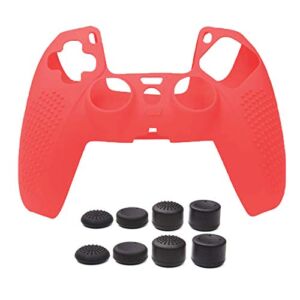 Silicone Case Cover Skin for PS5 DualSense Controller with 8 Thumb Grip Caps (Red)