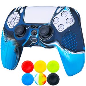 9CDeer 1 Piece of Silicone Studded Dots Protective Sleeve Case Cover Skin + 6 Thumb Grips Analog Caps for PS5 Dualsense Controller, Camouflage Blue