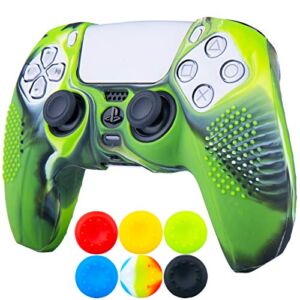 9CDeer 1 Piece of Silicone Studded Dots Protective Sleeve Case Cover Skin + 6 Thumb Grips Analog Caps for PS5 Dualsense Controller, Camouflage Green
