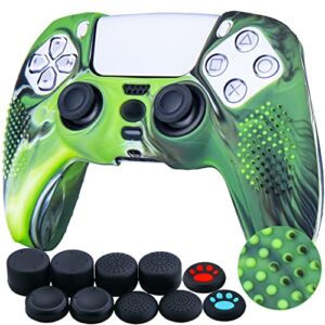 YoRHa Studded Silicone Cover Skin Case for PS5 Dualsense Controller x 1(Camouflage Green) with Pro Thumb Grips x 10