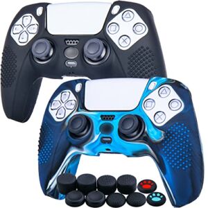 YoRHa Studded Silicone Cover Skin Case for PS5 Dualsense Controller x 2(Black+Camouflage Blue) with Pro Thumb Grips x 10