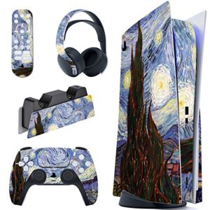 PlayVital The Starry Night Full Set Skin Decal for PS5 Console Disc Edition, Sticker Vinyl Decal Cover for Playstation 5 Controller & Charging Station & Headset & Media Remote