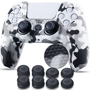 YoRHa Studded Printing Silicone Cover Skin Case for PS5 Dualsense Controller x 1(White) with Pro Thumb Grips x 10