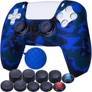 9CDeer 1 Piece of Silicone Transfer Print Protective Cover Skin + 10 Thumb Grips for Playstation 5 / PS5 / Dualsense Controller Paint Blue
