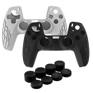 Ealona PS5 Controller Skin – Thickening Silicon Rubber Grip Cover Soft Anti-Slip Protective Case for Playstation 5 Controller – Controller Skin x 2 + Thumb Grips Caps x8 (Black,White)