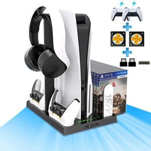 Vertical Stand for Playstation 5 with 2 Cooling Fan, 2 Charging Station for PS5 Digital/CD-ROM Edition Console with 15 Game Storage, 1 Pulse 3D Headset Holder, 1 Media Remote Storage (Black)