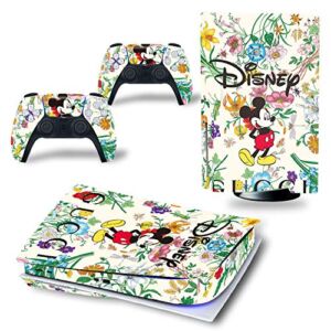 PS5 Console and Controller Skin Vinyl Sticker Decal Cover Compatible for PlayStation 5 Console and Controllers, Disk Edition Bubble Free, Anti – Scratch – Mickey, White, Flower