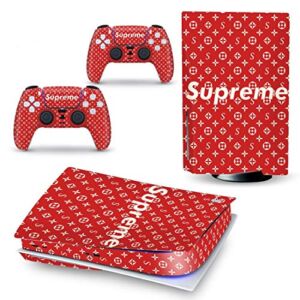 PS5 Digital Skin Wrap for Console and Controllers Full Set Vinyl Sticker Decal, Durable, Scratch Resistant, Bubble-Free, Compatible for Playstation 5 Disc Edition, Red.