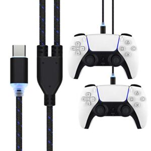 Foamy Lizard 10FT Split PS5 Controller Charger Cable, LED Fast Charging Braided Nylon Replacement Cord, Dual USB C for Switch, Playstation 5 Dualsense, Xbox Series X/S, Accessories (C to C, Blue LED)
