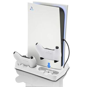 PS5 Cooling Fan Stand, Charger for PS5 Dualsense Wireless Controller, Vertical Stand for PS5 Console, Holder for PS5 Accessories – White