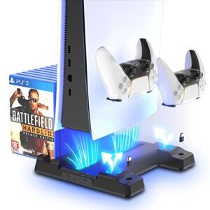 Playstation 5 Charger, PS5 Cooling Fan Stand, PS5 Charger Stand with Controller Charger, PS5 Vertical Stand with Cooling Fan and LED Indicator, 3 Levels Adjustable Fans Speed, 12 Game Rack Organizer