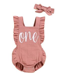 Shalofer Baby Girls One Year Old Outfits First Birthday Romper Cute Backless Ruffles Jumpsuit with Headband (Pink,12-18 Months)