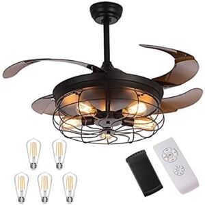 LEDMO Industrial Retractable Ceiling Fans with Lights 5 LED Bulbs 4 Mode Timing with Remote Controller 42inch Vintage Ceiling Fans 2 Down Rods for Kitchen Bedroom Living/Dinning Room