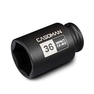 CASOMAN 1/2″ Drive x 36 mm Deep 6 PT Impact Socket, CR-MO, 1/2-inch Drive 6 Point Axle Nut Socket for Easy Removal of Axle Shaft Nuts (36MM)
