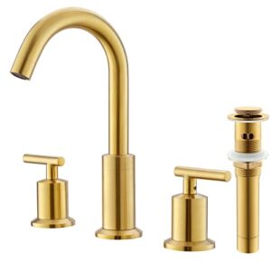 Brushed Gold Bathroom Sink Faucet, 3 Hole Widespread Rotatable 360 Degree Swivel RV/ Vanity/ Utility Faucet, with Pop Up Drain and Water Supply Line by Phiestina, WF03-1-BG