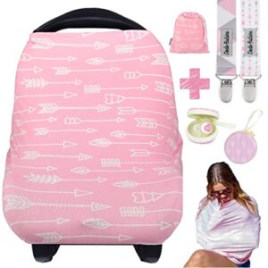 Dodo Babies Nursing Cover Set – Soft, Multipurpose Stretch Scarf for Breastfeeding and Car Seat Cover, Two Universal Pacifier Holders, Binky Case, Storage Bag – Playful Pink Print for Baby Girl