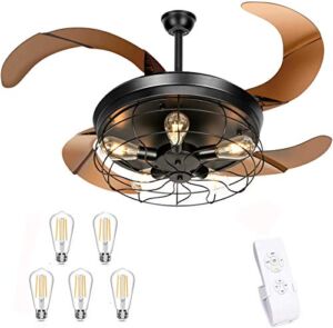 Ceiling Fans Indoor with Light Remote Control , Silicon Steel Motor Pure Copper Coil & 5 E26 Bulbs 2000LM 3000K, 42” Retractable Blades Vintage Cage Chandelier Fan Downrod Mount for Dining Room.