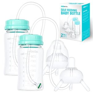 Skywin 2 Pack Self Feeding Baby Bottle, Bottle Holder for Baby, Baby Bottle with Straw, Anti Colic, for Convenient Feeding (Green)