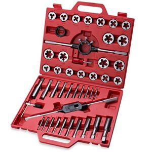 45-Piece Premium Large Size Tap and Die Set – SAE 1/4, 5/16, 3/8, 7/16, 1/2, 9/16, 5/8, 3/4, 7/8, 1”, Both Coarse and Fine Teeth | Essential Threading and Rethreading Tool with Handle Wrench and Case
