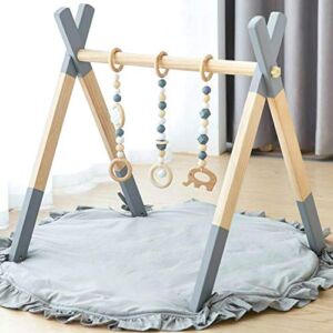 Wooden Baby Play Gym with Mat, Baby Play Gym Frame Activity Gym Hanging Bar with 5 Gym Baby Toys Gift for Newborn Baby