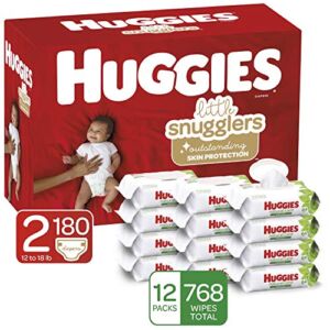 Huggies Bundle – Little Snugglers Baby Diapers, Size 2, 180 Ct, One Month Supply & Natural Care Sensitive Baby Wipes, Unscented, 12 Flip-Top Packs (768 Wipes Total)