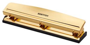 Bostitch Office 3 Hole Punch, 12 Sheet Capacity, Durable Metal, Gold Chrome, Rubber Base