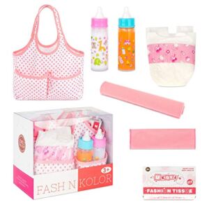 fash n kolor Diaper Bag Doll Accessories Set with Feeding Bottles, Baby Diaper, Tissues, and Cloth Blanket. Complete Diaper Bag kit with 5 Accessories. Comes Packed in a Mommy Bag