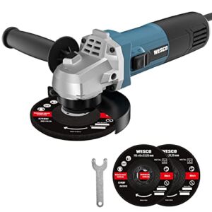 WESCO 6 Amp Angle Grinder Tool, 4-1/2 Inch 11000RPM Power with 3 Metal Grinding Wheels, 2-Position Auxiliary Handle Spanner, Safety Guard for Grinding, Cutting Wheels