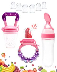 Gedebey Baby Fruit Feeder Pacifier – 3 Pack | 2 Silicone Baby Feeder Pacifiers & 1 Baby Feeding Spoon | Frozen Fruit Teether | Forage Feeder | Food Pacifier for Babies | Baby Food Spoon (Pink)