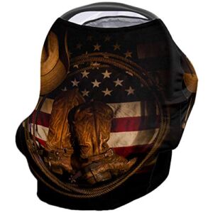 USA Western Nursing Covers for Breastfeeding Baby Stroller and Car Seat Combo Cowboy Hat with Boots Rope on American Flag Carseat Canopy Baby Cart High Chair Infinity Scarf