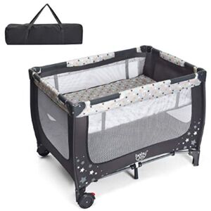 BABY JOY Foldable Baby Playard, Double Layer Pack n Play with Breathable Mattress, Universal Brake Wheel, Lightweight Installation-Free Home Playard with Carry Bag, for Infants & Toddlers (Gray)