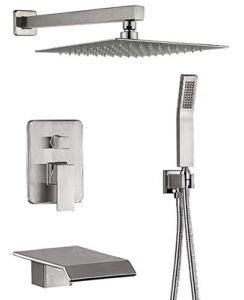 DMDMBATH Shower System Brushed Nickel Shower Faucet Set 3-Function Bathroom Shower Fixtures with Waterfall Tub Spout Wall Mount 10 inch Rain Shower Head (Brushed Nickel)…
